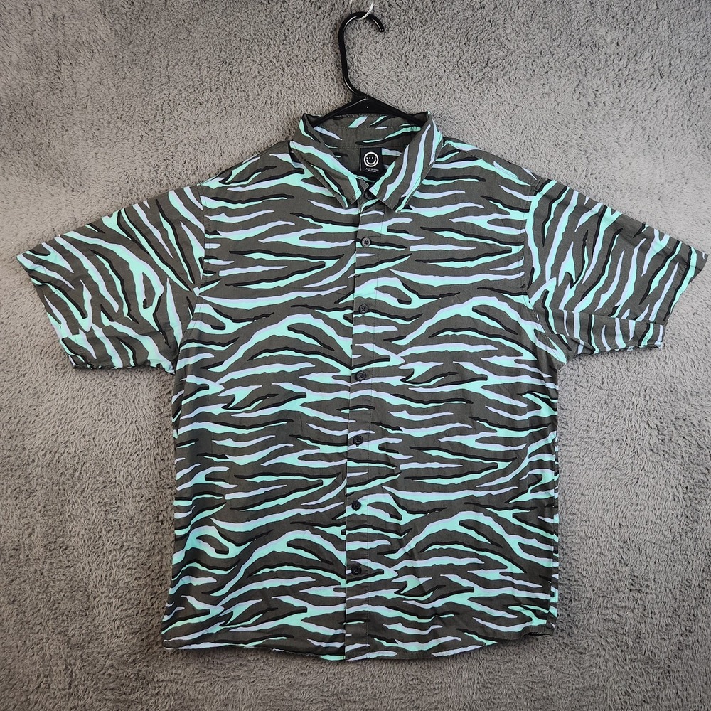 NEFF Shirt Mens Medium Button Up Blue Purple Tiger Camo Y2k Skater Camp Shirt